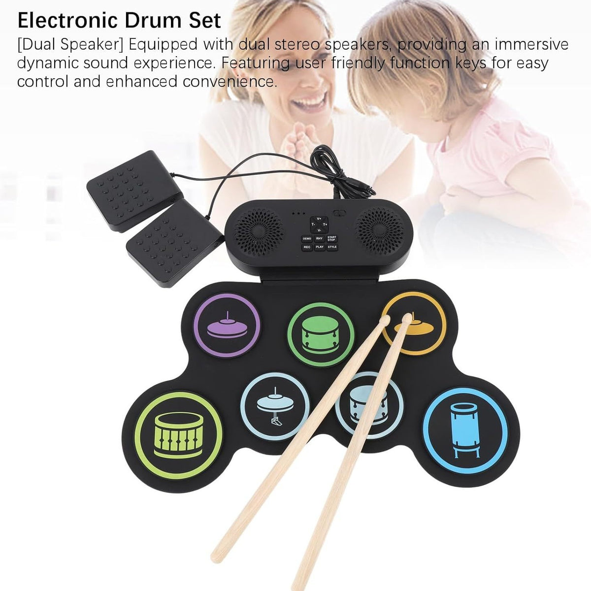 Dual Bluetooth Portable Electronic Drum Set with Roll-Up Design