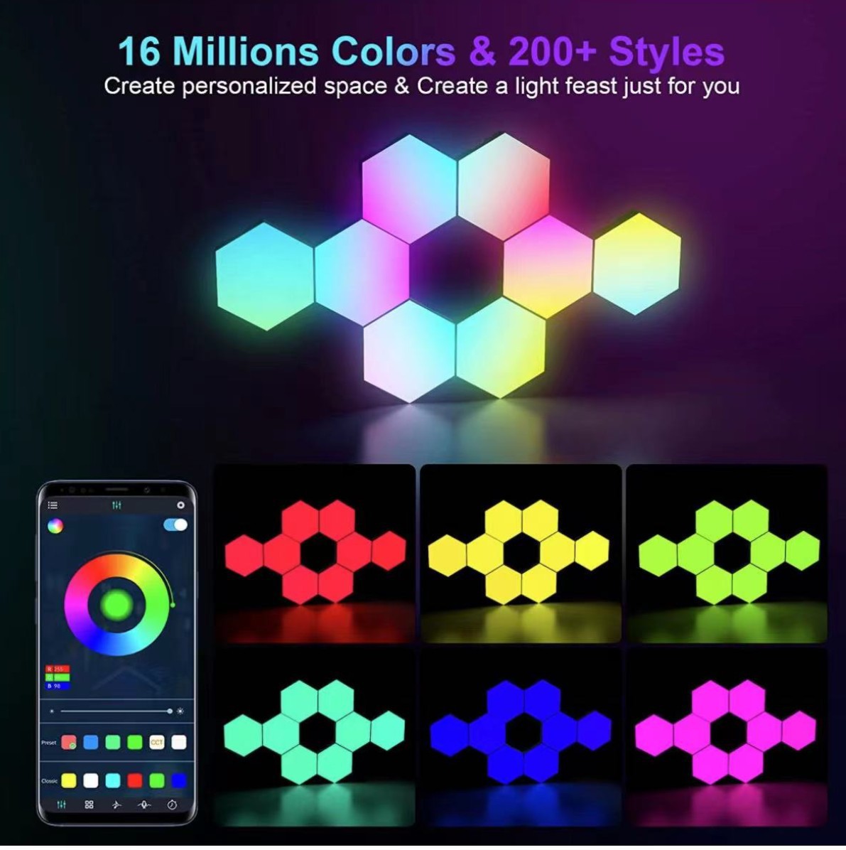 Hexagonal Smart LED Wall Light with RGB Sound Control