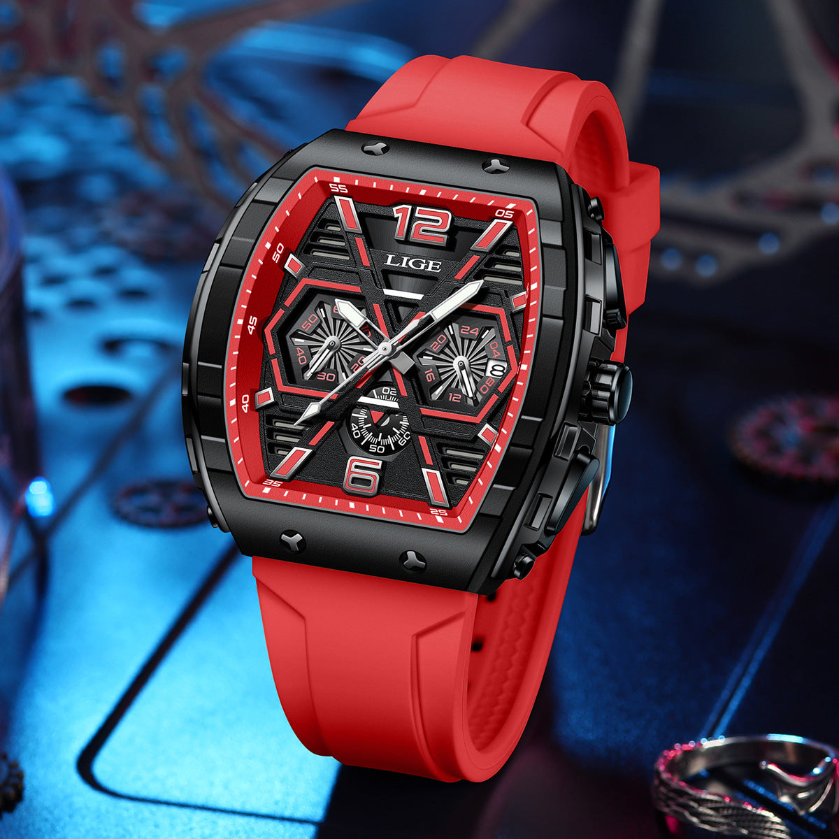 Square men's multi-functional calendar wristwatch